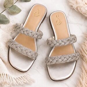 Sam Edelman Silver Braided Rhinestone Slide Sandals Metallic Square Toe Flat 8.5